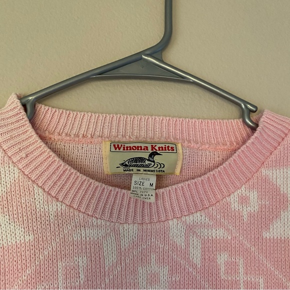 Winona Knits Pink White Cotton Winter Christmas Pattern Sweater Vintage Festive - Picture 3 of 4